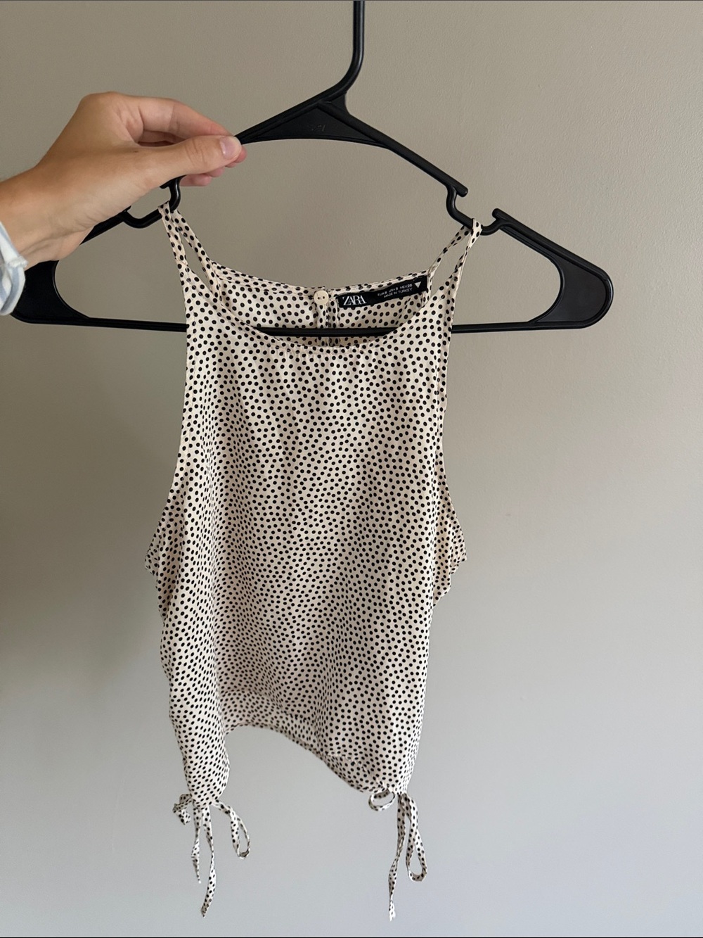 Zara Cream and Black Polka Dot Tie-Hem Tank